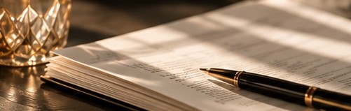 An open book and a fountain pen in warm light